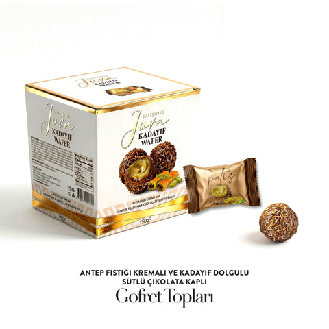 Juva Wafer Antep Fıstığı Kremalı ve Kadayıf Dolgulu Sütlü Çikolatalı Gofret Topu, 150g