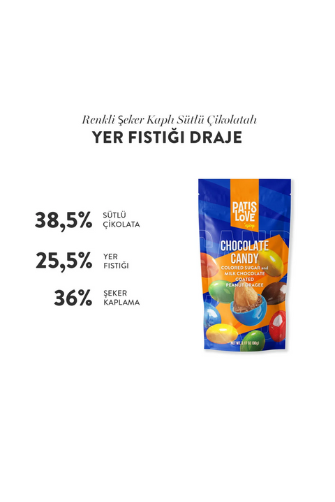Patislove Renkli Şeker Kaplı Sütlü Çikolatalı Bütün Yer Fıstığı Draje, 90G x 3 Adet
