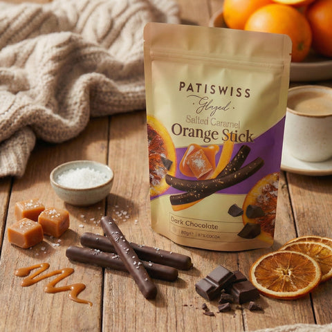 Tuzlu Karamel Parçacıklı Bitter Çikolata Kaplı Portakal Çubuğu, 80G