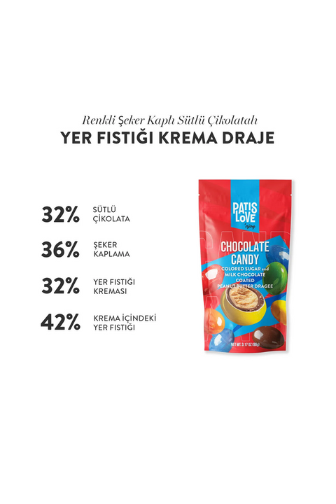 Patislove Renkli Şeker Kaplı Sütlü Çikolatalı Yer Fıstığı Krema Draje, 90g x 4 Adet