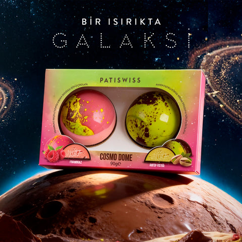 Cosmo Dome Frambuaz Reçelli ve Antep Fıstıklı Köpük Krema Dolgulu Sütlü Çikolata, 90G