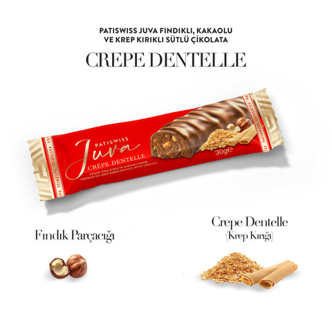 Juva Fındıklı, Kakaolu ve Krep Kırıklı Sütlü Çikolata Bar, 30G