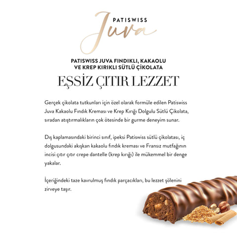 Juva Fındıklı, Kakaolu ve Krep Kırıklı Sütlü Çikolata Bar, 30G