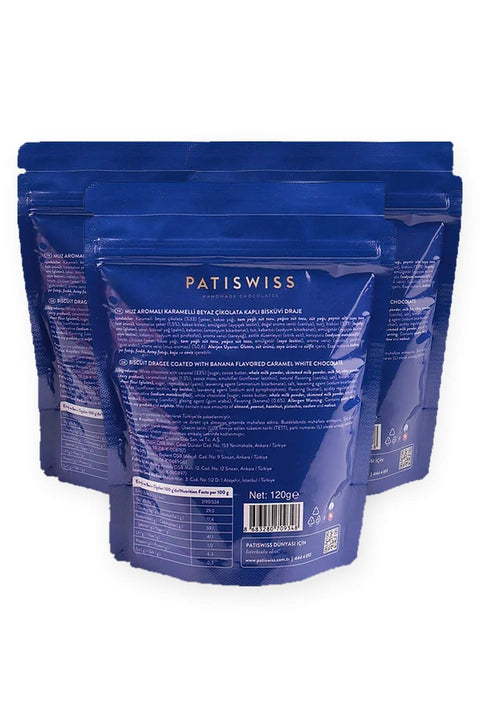 Muz Aromalı Karamelli Beyaz Çikolatalı Bisküvi Draje 120G X 3 Adet