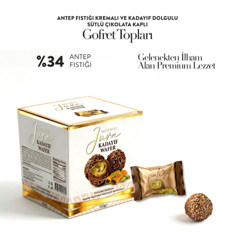 Juva Wafer Antep Fıstığı Kremalı ve Kadayıf Dolgulu Sütlü Çikolatalı Gofret Topu, 150g