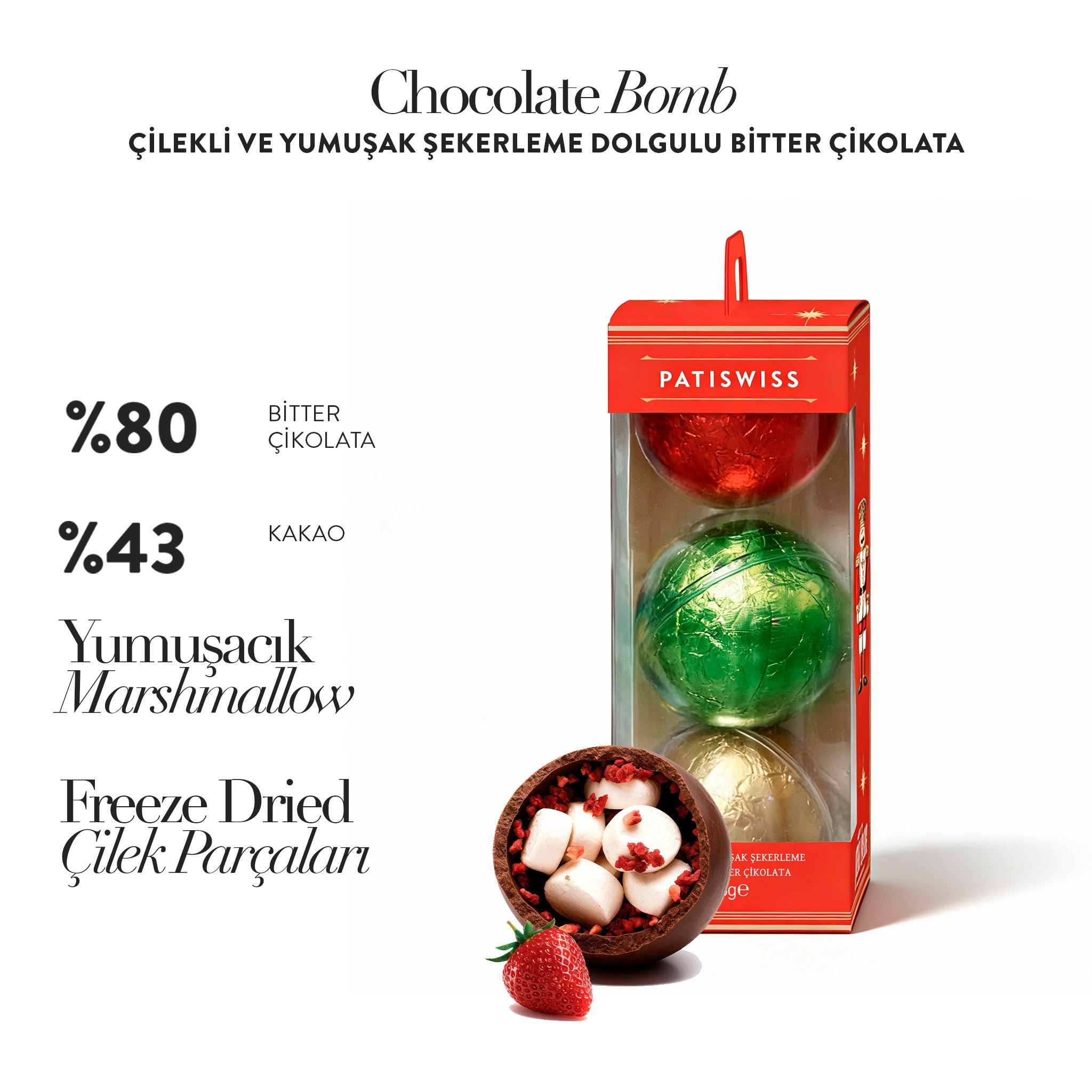 Chocolate Bomb Çilekli ve Yumuşak Şekerleme Dolgulu Bitter