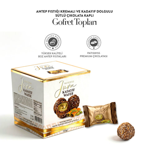 Juva Wafer Antep Fıstığı Kremalı ve Kadayıf Dolgulu Sütlü Çikolatalı Gofret Topu, 150g