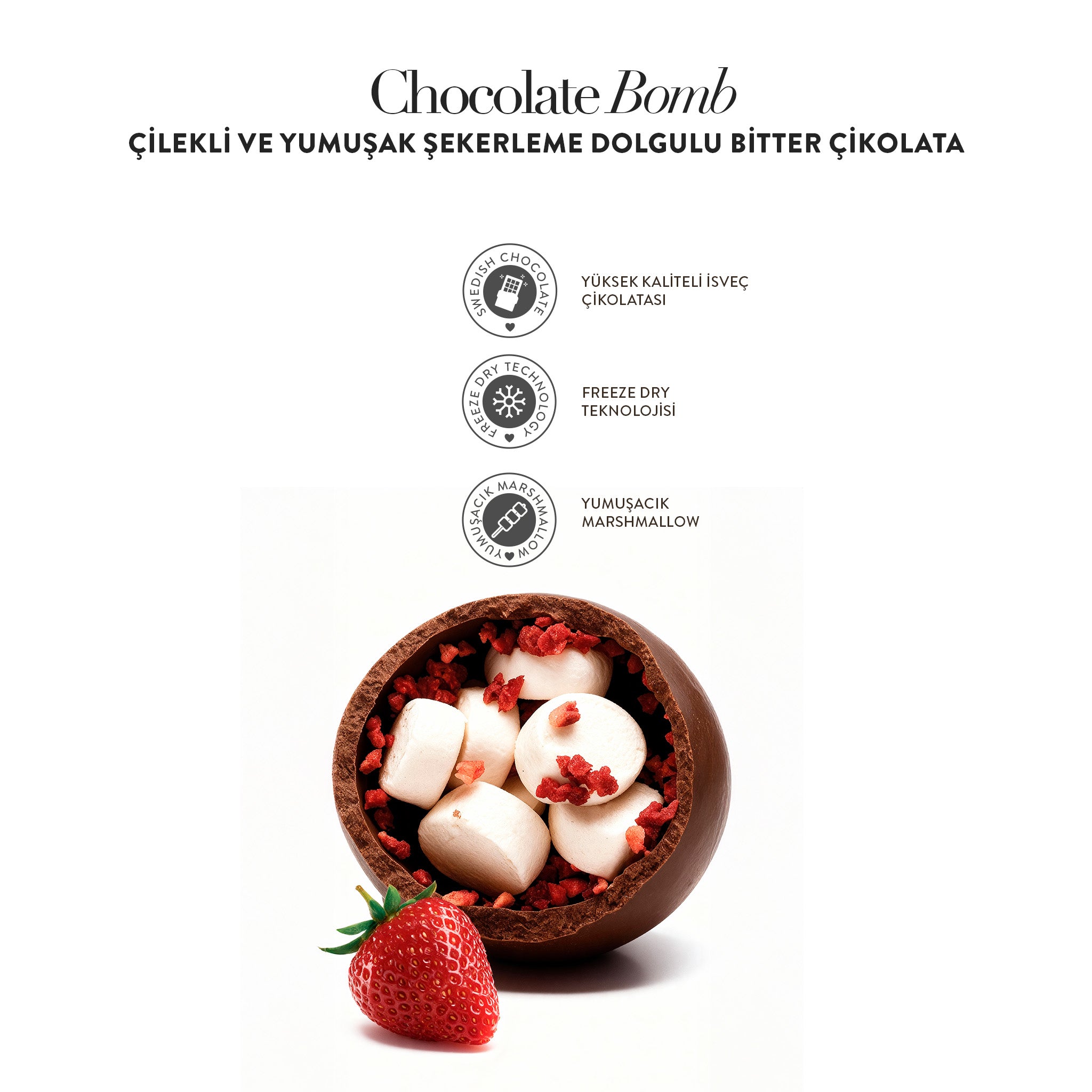 Chocolate Bomb Çilekli ve Yumuşak Şekerleme Dolgulu Bitter