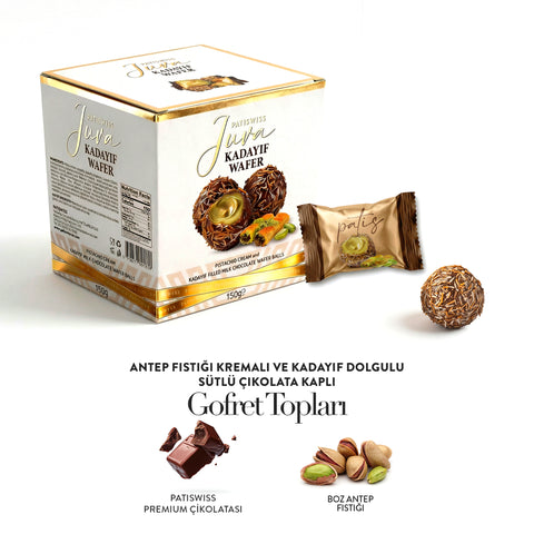 Juva Wafer Antep Fıstığı Kremalı ve Kadayıf Dolgulu Sütlü Çikolatalı Gofret Topu, 150g