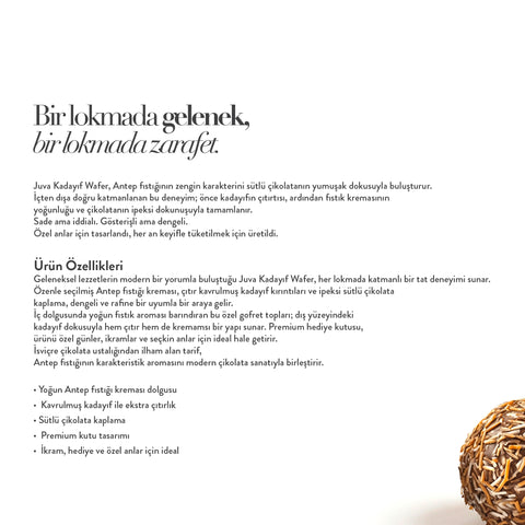 Juva Wafer Antep Fıstığı Kremalı ve Kadayıf Dolgulu Sütlü Çikolatalı Gofret Topu, 150g