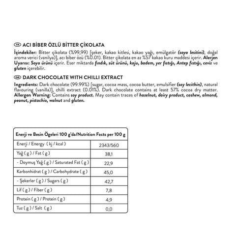 Acı Biber Özlü Bitter Çikolata, 100G