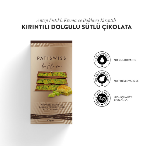 Antep Fıstıklı Krema ve Baklava Kırıntılı Sütlü Çikolata, 100G
