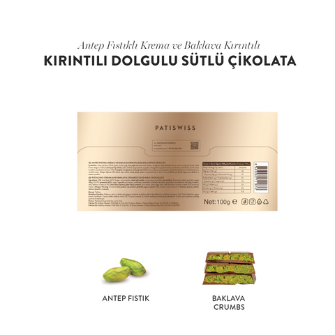 Antep Fıstıklı Krema ve Baklava Kırıntılı Sütlü Çikolata, 100G