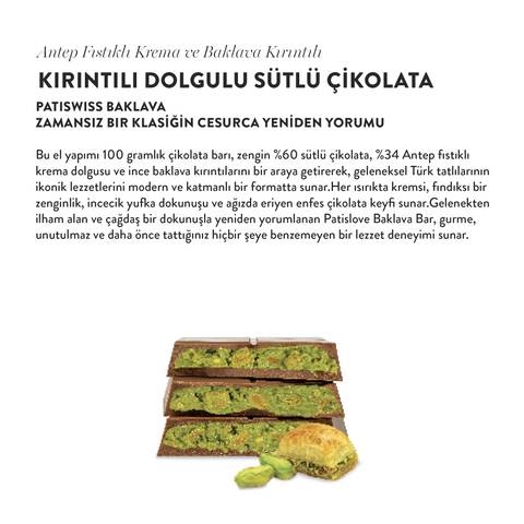 Antep Fıstıklı Krema ve Baklava Kırıntılı Sütlü Çikolata, 100G