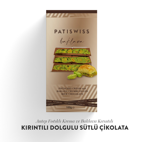 Antep Fıstıklı Krema ve Baklava Kırıntılı Sütlü Çikolata, 100G