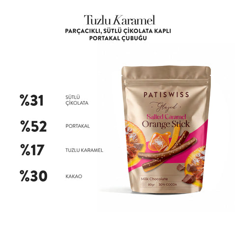 Tuzlu Karamel Parçacıklı Sütlü Çikolata Kaplı Portakal Çubuğu, 80G
