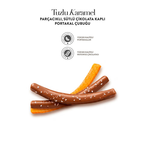 Tuzlu Karamel Parçacıklı Sütlü Çikolata Kaplı Portakal Çubuğu, 80G