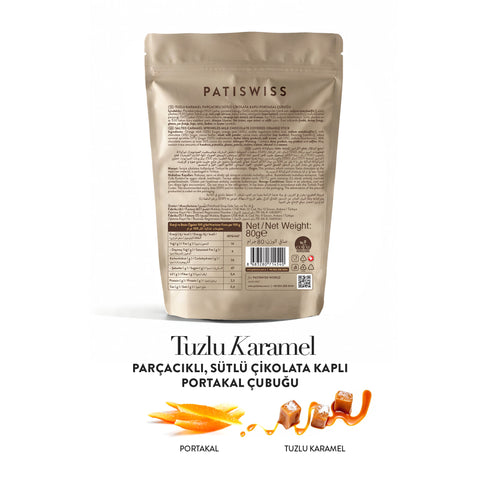 Tuzlu Karamel Parçacıklı Sütlü Çikolata Kaplı Portakal Çubuğu, 80G