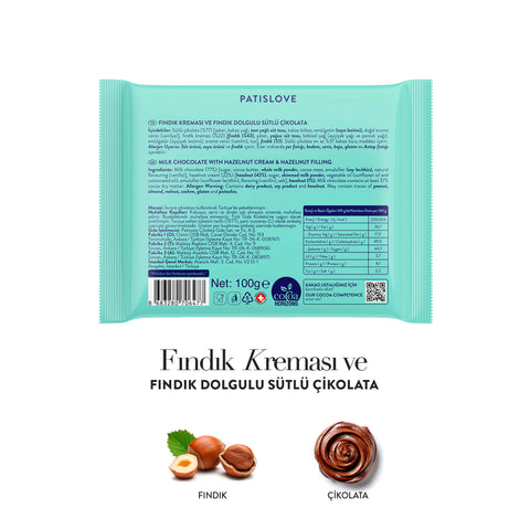Patislove Fındık Kreması ve Fındık Dolgulu Sütlü Tablet Çikolata, 100G
