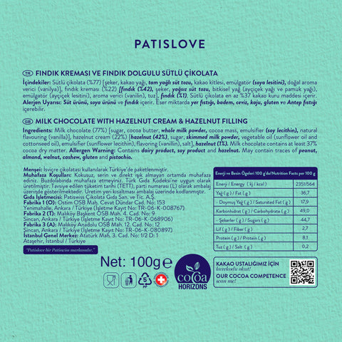 Patislove Fındık Kreması ve Fındık Dolgulu Sütlü Tablet Çikolata, 100G