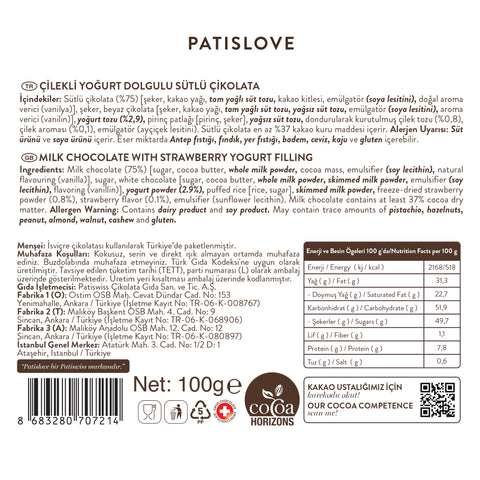 Patislove Çilekli Yoğurt Dolgulu Sütlü Çikolata, 100G