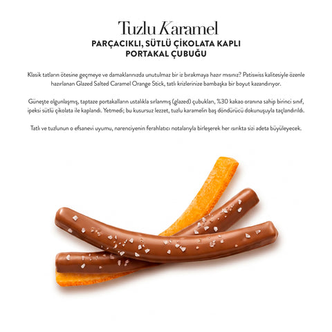 Tuzlu Karamel Parçacıklı Sütlü Çikolata Kaplı Portakal Çubuğu, 80G