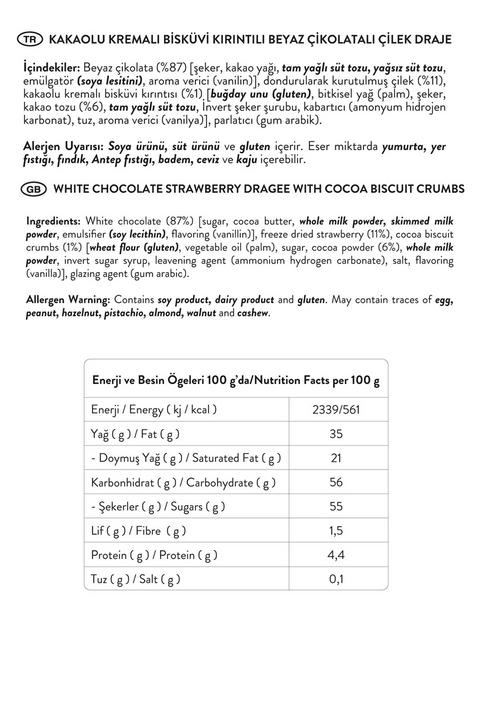 Beyaz Çikolatalı Kremalı Bisküvi Çilek Draje, 50G