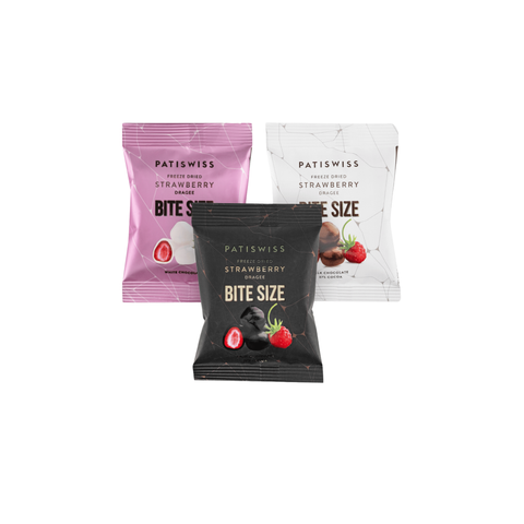 Bite Size Sütlü, Bitter, Beyaz Çikolatalı Çilek Draje