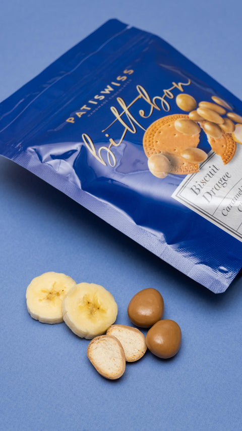 Bittebon Muz Aromalı Karamelli Beyaz Çikolatalı Bisküvi Draje, 120G