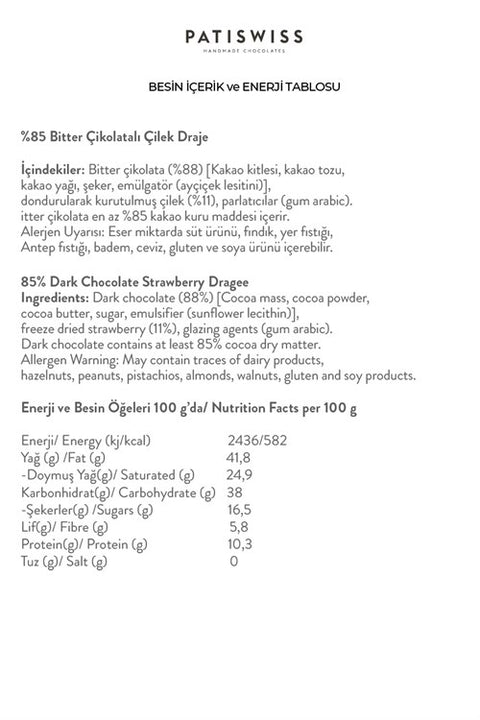 Bitter Çikolatalı %85 Kakao Çilek Draje, 80G