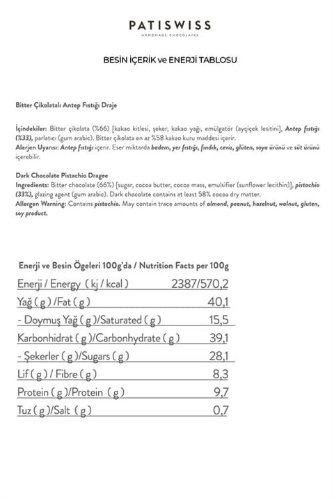 Bitter Çikolatalı Antep Fıstığı Draje, 80G