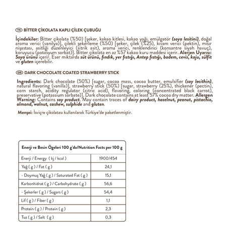 Bitter Çikolatalı Çilek Çubukları, 80G