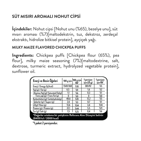 Çocuklara Özel Süt Mısır Aromalı Nohut Cips, 50G
