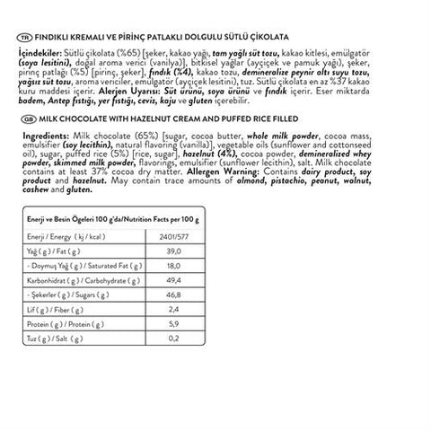 Hill Fındıklı Kremalı ve Pirinç Patlaklı Dolgulu Sütlü Çikolata, 350G