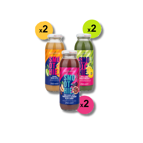 patiswiss karışık smoothie
Yeşil smoothie, elma püresi (%45), ananas suyu (%40), ispanak püresi (%8) ve limon suyu (%7) içeren bir içecektir. 
Kırmızı Smoothie, elma püresi, nar suyu, vişne suyu, ahududu suyu ve mor havuç suyu gibi içerikleriyle yapılan bir içecektir.
Sarı Smoothie, mango püresi (%45), elma püresi (%30), portakal suyu (%25) ve askorbik asit (C vitamini) içeren bir içecektir.