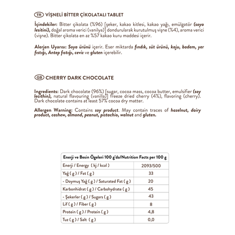 Özel Tasarım Vişneli Bitter Çikolatalı Tablet, 100G