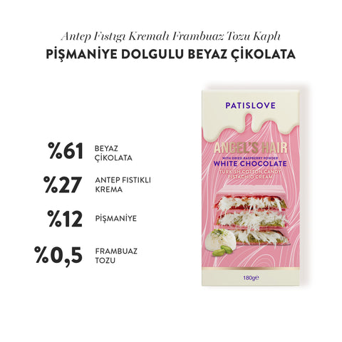 Patislove Antep Fıstığı Kremalı Ve Pişmaniye Dolgulu Frambuaz Tozlu Beyaz Çikolata, 180g