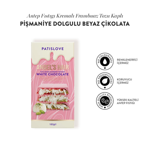 Patislove Antep Fıstığı Kremalı Ve Pişmaniye Dolgulu Frambuaz Tozlu Beyaz Çikolata, 180g