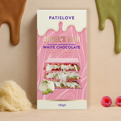 Patislove Antep Fıstığı Kremalı Ve Pişmaniye Dolgulu Frambuaz Tozlu Beyaz Çikolata, 180g