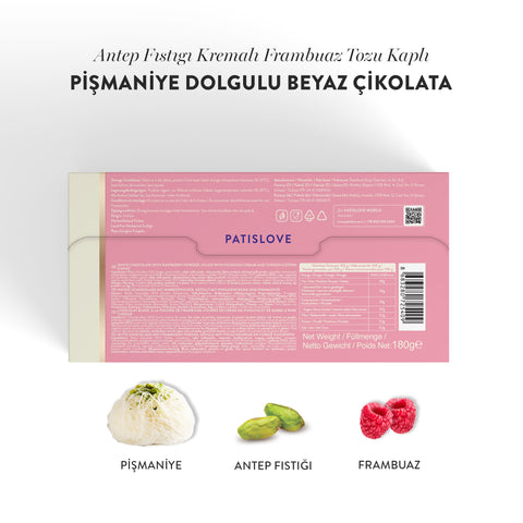 Patislove Antep Fıstığı Kremalı Ve Pişmaniye Dolgulu Frambuaz Tozlu Beyaz Çikolata, 180g