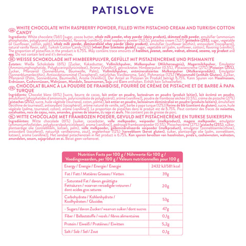 Patislove Antep Fıstığı Kremalı Ve Pişmaniye Dolgulu Frambuaz Tozlu Beyaz Çikolata, 180g