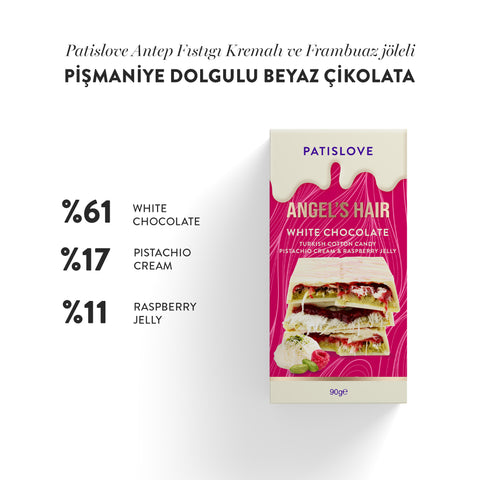 Patislove Antep Fıstığı Kremalı ve Frambuaz Jöleli Pişmaniye Dolgulu Beyaz Çikolata, 90G