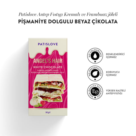 Patislove Antep Fıstığı Kremalı ve Frambuaz Jöleli Pişmaniye Dolgulu Beyaz Çikolata, 90G