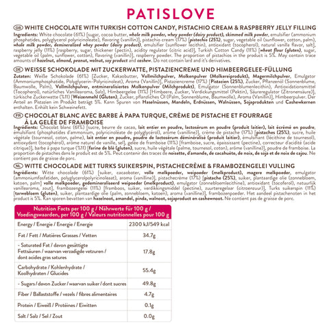 Patislove Antep Fıstığı Kremalı ve Frambuaz Jöleli Pişmaniye Dolgulu Beyaz Çikolata, 90G