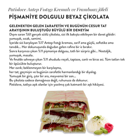Patislove Antep Fıstığı Kremalı ve Frambuaz Jöleli Pişmaniye Dolgulu Beyaz Çikolata, 90G