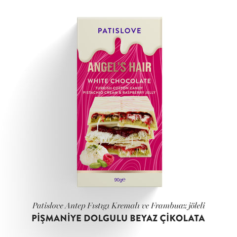 Patislove Antep Fıstığı Kremalı ve Frambuaz Jöleli Pişmaniye Dolgulu Beyaz Çikolata, 90G
