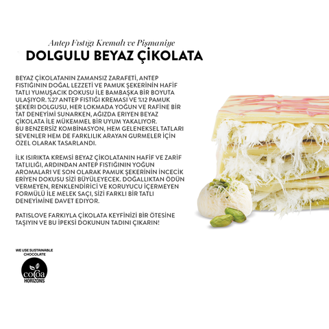 Patislove Antep Fıstığı Kremalı ve Pişmaniye Dolgulu Beyaz Çikolata, 90G