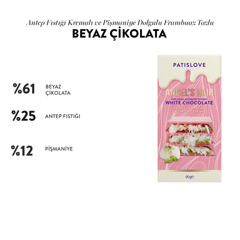 Patislove Antep Fıstığı Kremalı ve Pişmaniye Dolgulu Frambuaz Tozlu Beyaz Çikolata, 90G