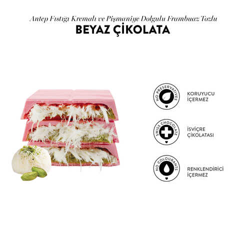 Patislove Antep Fıstığı Kremalı ve Pişmaniye Dolgulu Frambuaz Tozlu Beyaz Çikolata, 90G