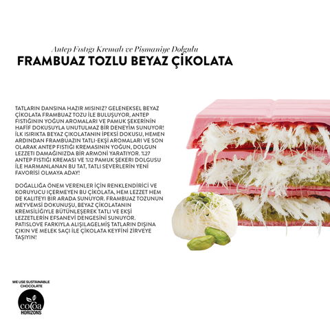 Patislove Antep Fıstığı Kremalı ve Pişmaniye Dolgulu Frambuaz Tozlu Beyaz Çikolata, 90G